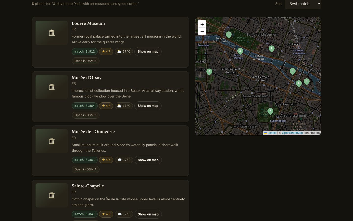 ExplorAItion search results for a Paris trip, ranked by match score beside a map of the city.